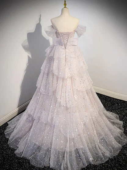 Off Shoulder Tulle Sequin Light Pink Long Prom Dress,Sequin Long Evening Dress HZ1024