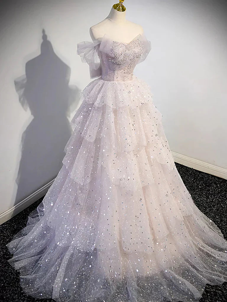 Off Shoulder Tulle Sequin Light Pink Long Prom Dress,Sequin Long Evening Dress HZ1024
