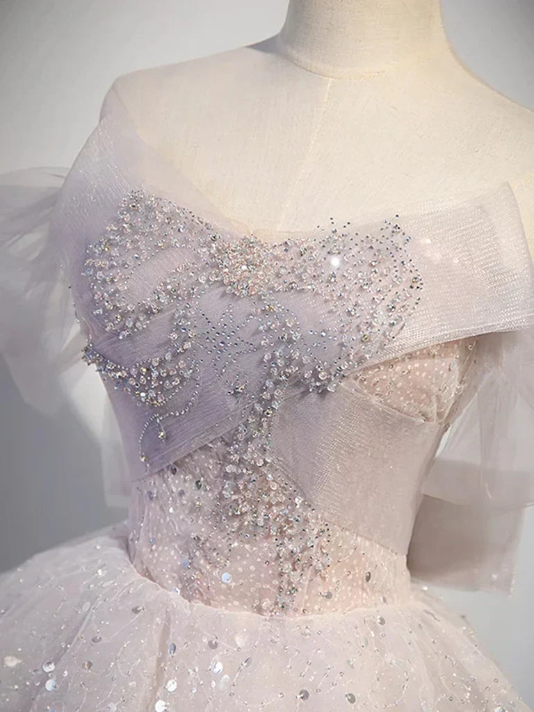 Off Shoulder Tulle Sequin Light Pink Long Prom Dress,Sequin Long Evening Dress HZ1024