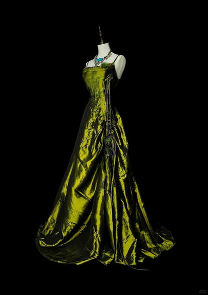 Chic Green Long Prom Dress Satin Spaghetti Straps A-Line Evening Dress Sleeveless Birthday Dress ED06634