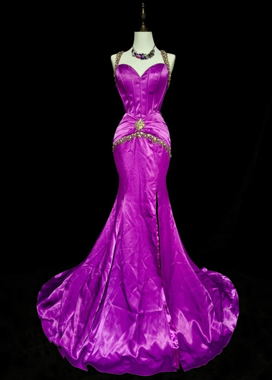 Chic Purple Long Prom Dress Satin Sweetheart Mermaid Evening Dress Sleeveless Birthday Dress ED06635