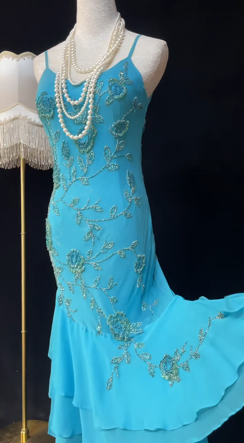 Gorgeous Blue Long Prom Dress Chiffon Beaded Spaghetti Straps Sheath Evening Dress Sleeveless Birthday Dress ED06638