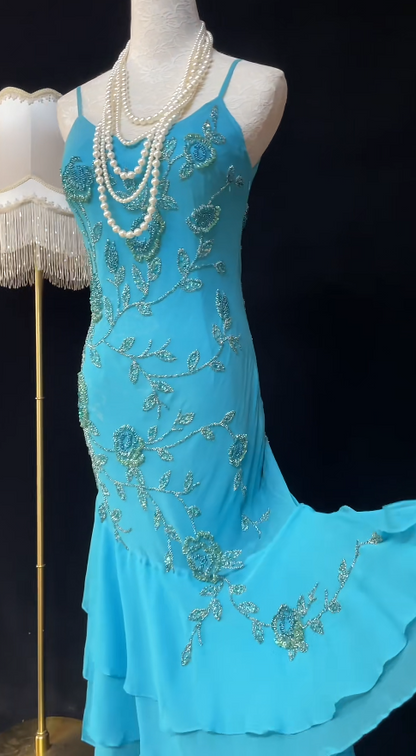 Gorgeous Blue Long Prom Dress Chiffon Beaded Spaghetti Straps Sheath Evening Dress Sleeveless Birthday Dress ED06638