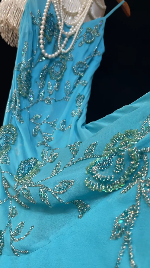 Gorgeous Blue Long Prom Dress Chiffon Beaded Spaghetti Straps Sheath Evening Dress Sleeveless Birthday Dress ED06638