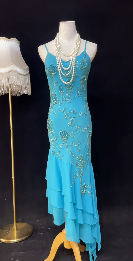 Gorgeous Blue Long Prom Dress Chiffon Beaded Spaghetti Straps Sheath Evening Dress Sleeveless Birthday Dress ED06638