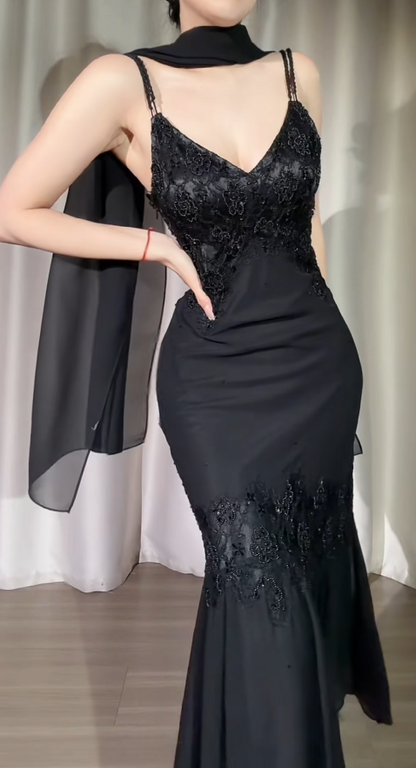 Glamous Black Long Prom Dress Chiffon Beaded Spaghetti Straps Sheath Evening Dress Sleeveless Birthday Dress ED06639