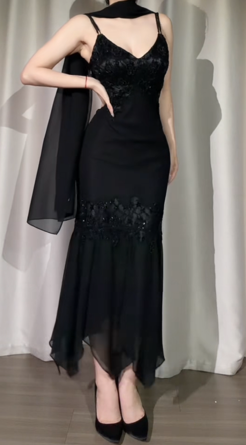 Glamous Black Long Prom Dress Chiffon Beaded Spaghetti Straps Sheath Evening Dress Sleeveless Birthday Dress ED06639
