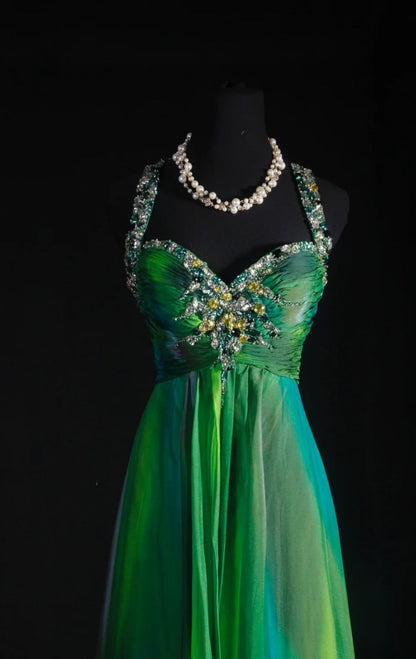 Gorgeous Green Long Prom Dress Applique Chiffon Halter Sheath Evening Dress Sleeveless Birthday Dress ED06641