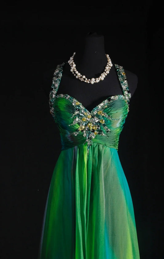 Gorgeous Green Long Prom Dress Applique Chiffon Halter Sheath Evening Dress Sleeveless Birthday Dress ED06641
