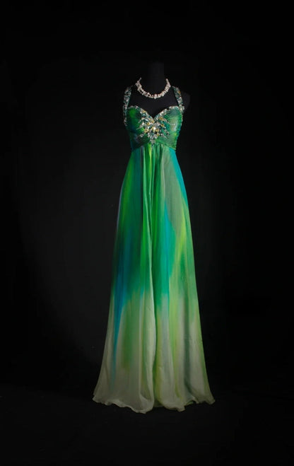 Gorgeous Green Long Prom Dress Applique Chiffon Halter Sheath Evening Dress Sleeveless Birthday Dress ED06641