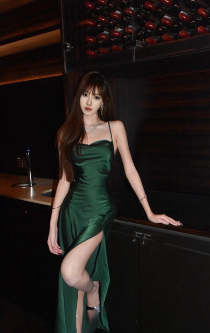 Sexy Green Long Prom Dress Satin Spaghetti Straps Sheath Evening Dress with Slit Sleeveless Birthday Dress ED06643