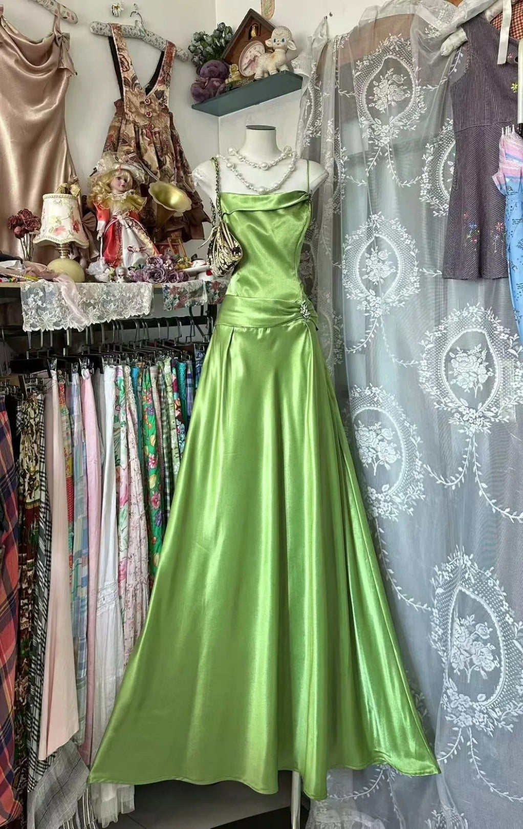 Cute Green Long Prom Dress Satin Spaghetti Straps A-Line Evening Dress ED06646