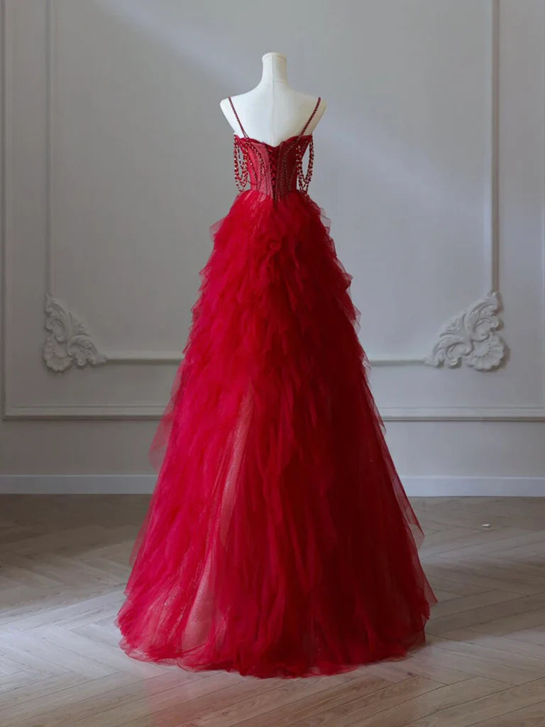 A-Line Sweetheart Neck Tulle Beads Burgundy Long Prom Dress, Burgundy Evening Dress ED0665