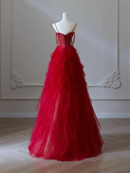 A-Line Sweetheart Neck Tulle Beads Burgundy Long Prom Dress, Burgundy Evening Dress ED0665