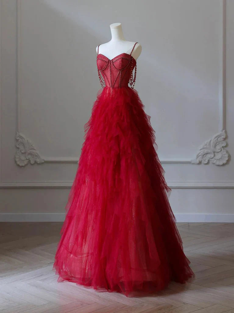 A-Line Sweetheart Neck Tulle Beads Burgundy Long Prom Dress, Burgundy Evening Dress ED0665