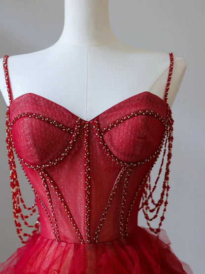 Sweetheart Neck Tulle Beads Burgundy Long Prom Dress, Burgundy Evening Dress HZ1024