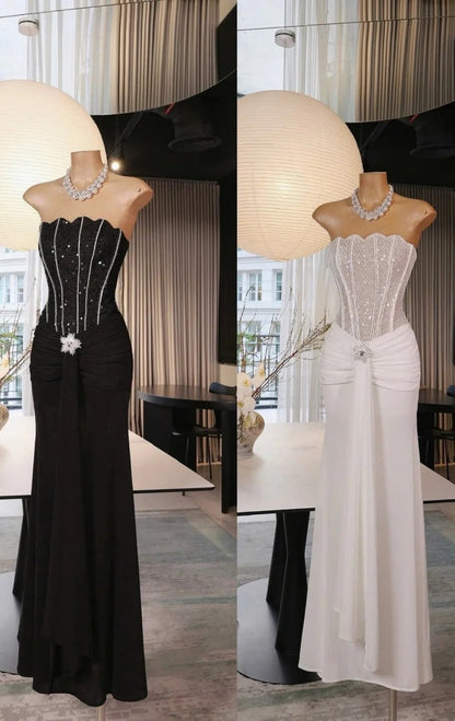 Chic Black Long Prom Dress Satin Sequins Strapless Sheath Evening Dress Sleeveless Formal Dress ED06651