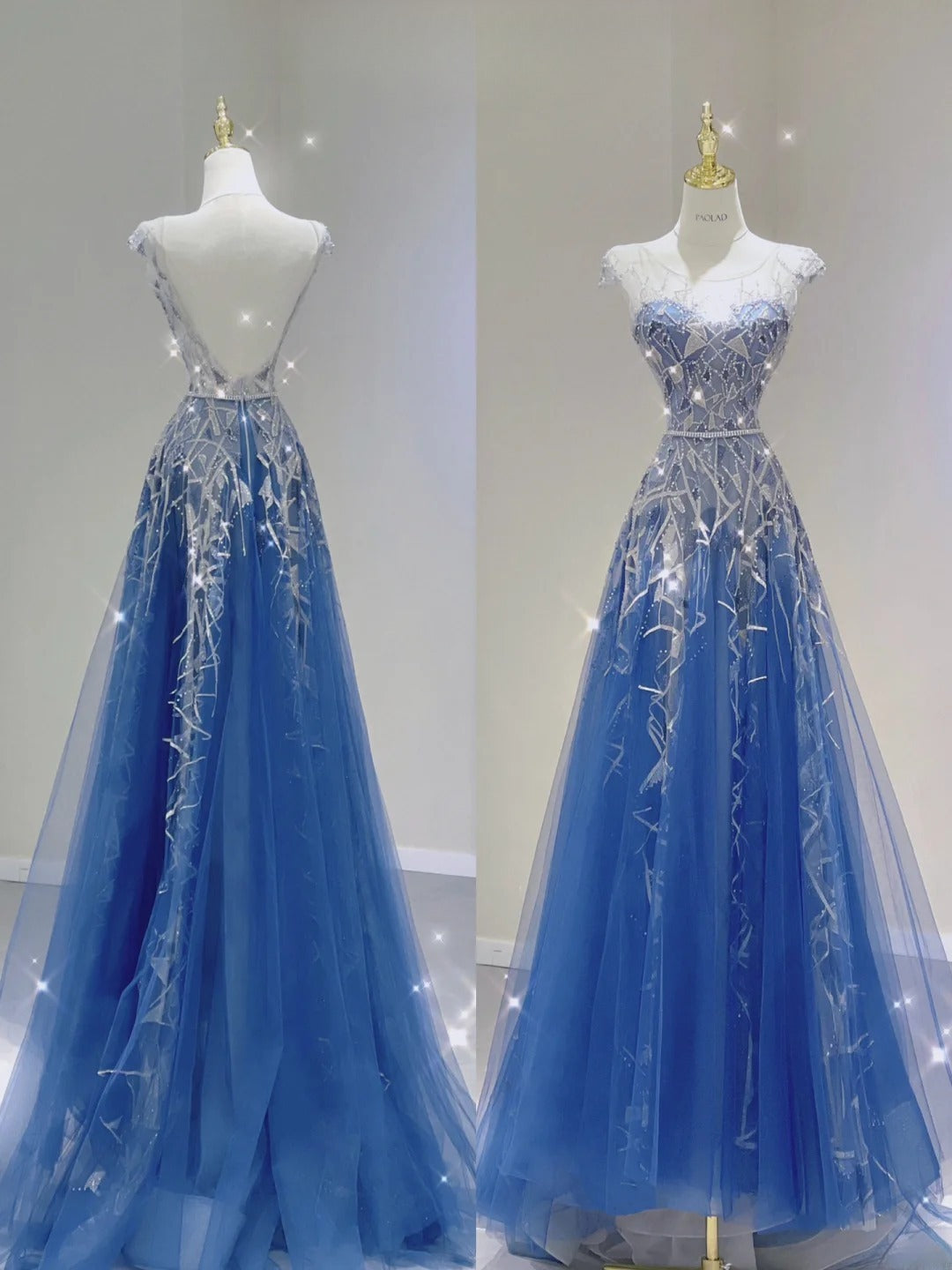 Chic Blue Long Prom Dress Tulle Jewel A-Line Evening Dress Sleeveless Formal Dress ED06652