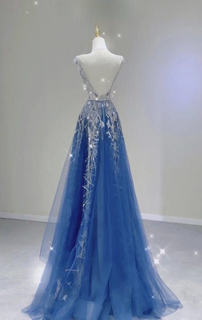 Chic Blue Long Prom Dress Tulle Jewel A-Line Evening Dress Sleeveless Formal Dress ED06652