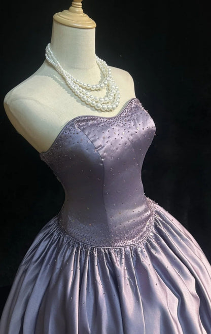 Cute Purple Long Prom Dress Satin Strapless A-Line Evening Dress  Sleeveless Birthday Dress ED06655