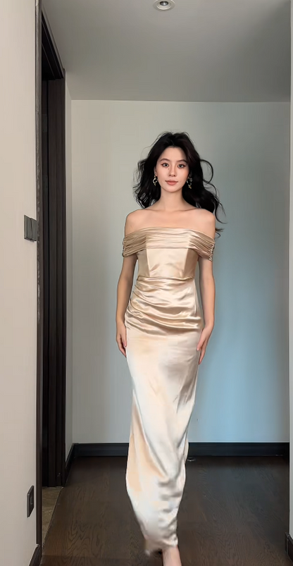 Chic Champagne Bridesmaid Dress Off-shoulder Sheath Evening Dress Satin Slit Weddding Guest Dress ED06657