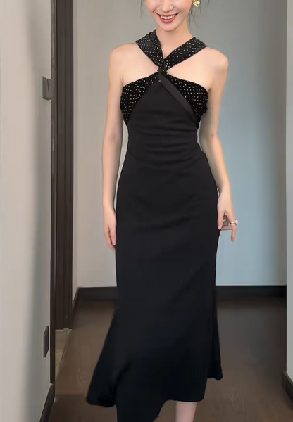 Chic Black Date Dress V-neck Sheath Evening Dress Satin Guest Dress ED06659