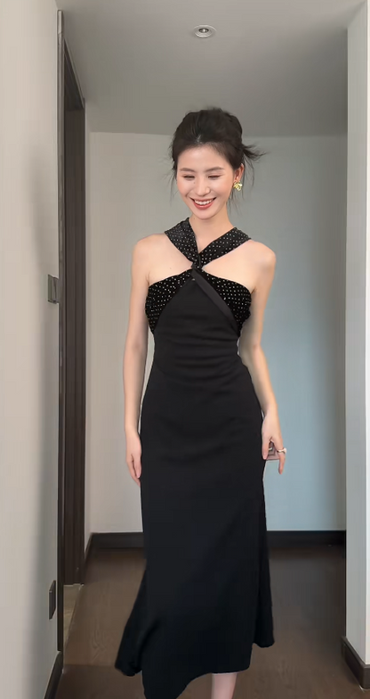 Chic Black Date Dress V-neck Sheath Evening Dress Satin Guest Dress ED06659