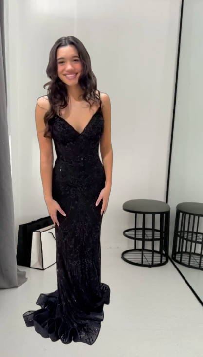 Elegant Black Long Prom Dress Spaghetti Straps Sheath Evening Dress Sequins Beaded Tulle Sleeveless Birthday Dress ED06668