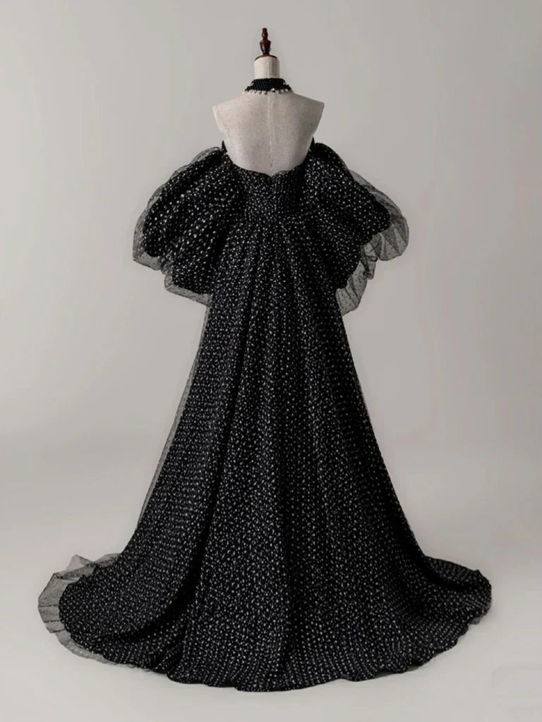 A- Line Tulle Long Prom Dress, Black Long Formal Dress HZ1024