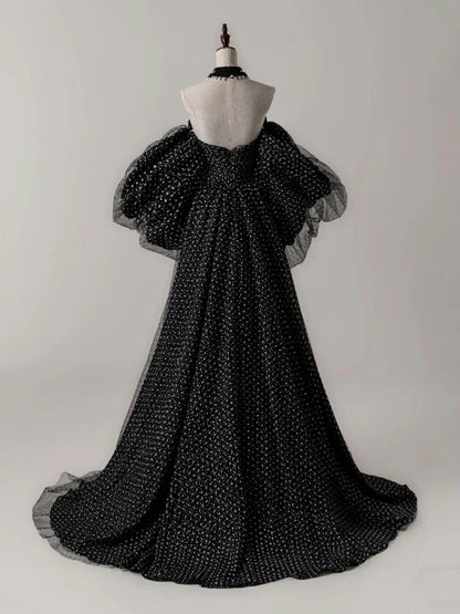 A- Line Tulle Long Prom Dress, Black Long Formal Dress HZ1024