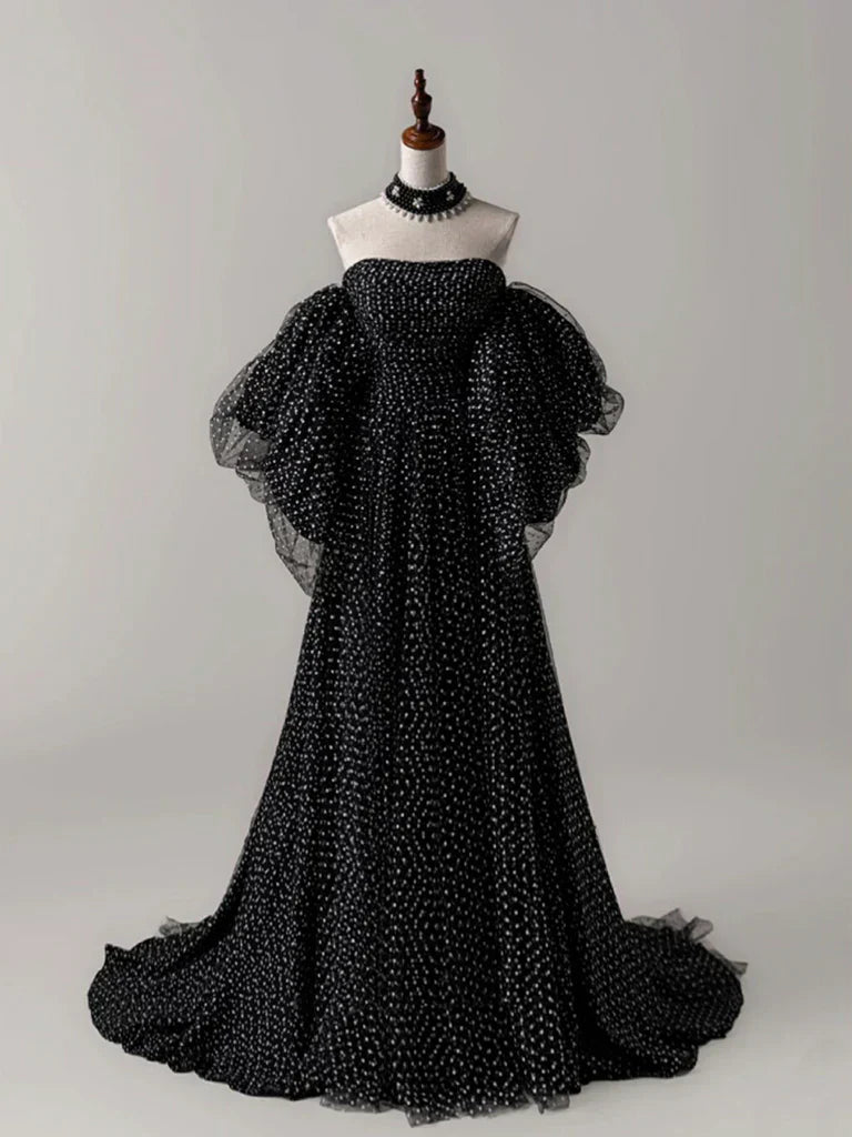 A- Line Tulle Long Prom Dress, Black Long Formal Dress HZ1024
