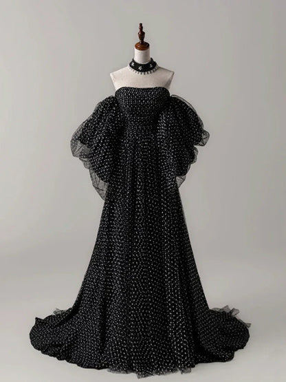 A- Line Tulle Long Prom Dress, Black Long Formal Dress HZ1024