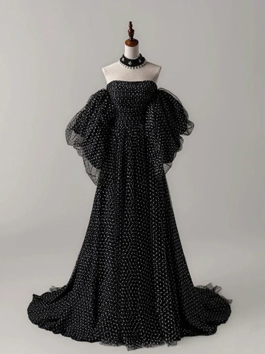 A- Line Tulle Long Prom Dress, Black Long Formal Dress HZ1024