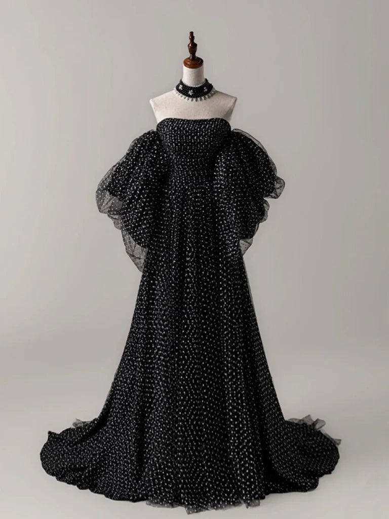 Black A- Line Tulle Long Prom Dress, Black Long Formal Dress ED0667