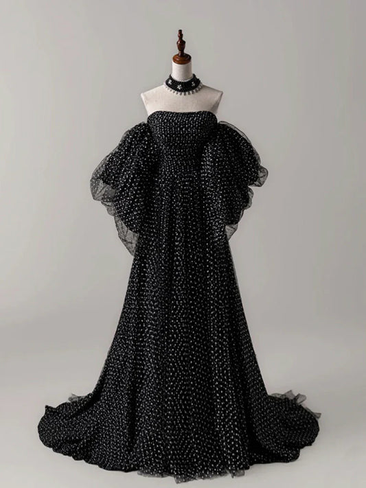 Black A- Line Tulle Long Prom Dress, Black Long Formal Dress ED0667