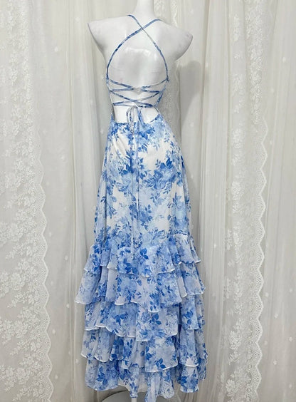 Cute Halter Blue Floral Long Prom Dress Chiffon Sheath Evening Dress Backless Sleeveless Birthday Dress ED06680