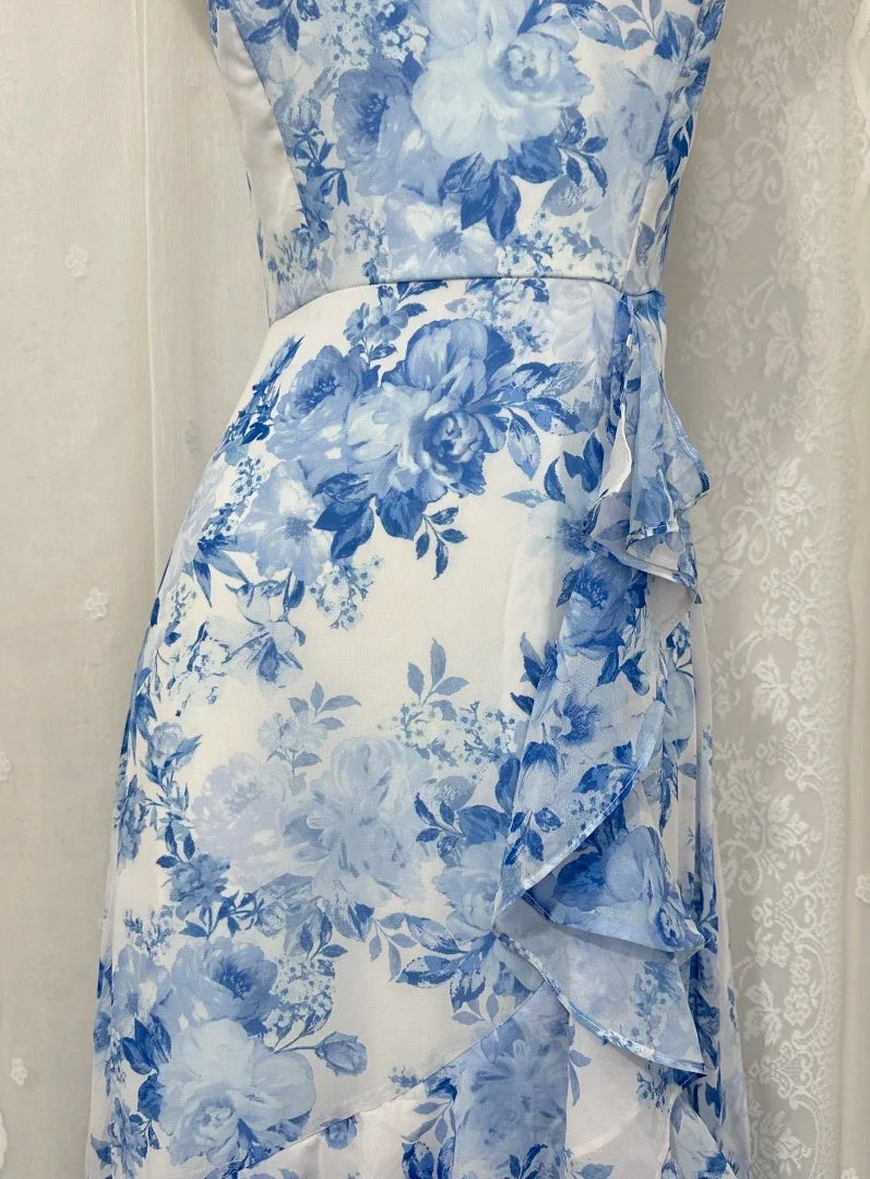 Cute Halter Blue Floral Long Prom Dress Chiffon Sheath Evening Dress Backless Sleeveless Birthday Dress ED06680
