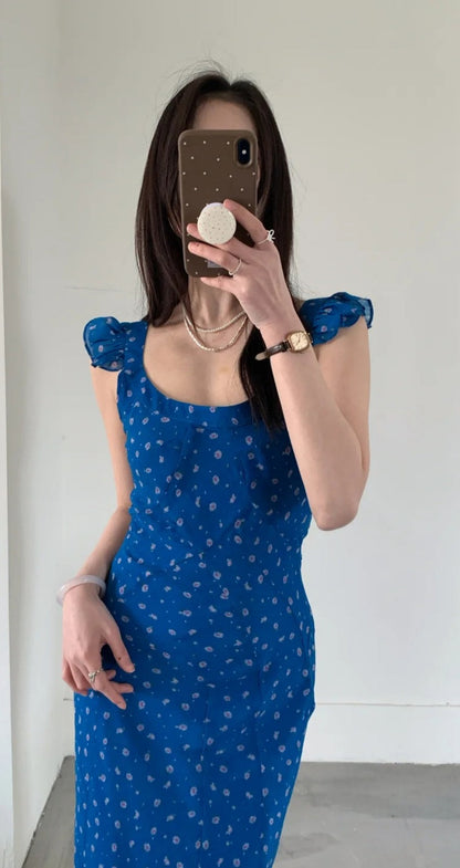 Gorgeous V-neck Blue Floral Long Prom Dress Chiffon Sheath Evening Dress Sleeveless Birthday Dress ED06682
