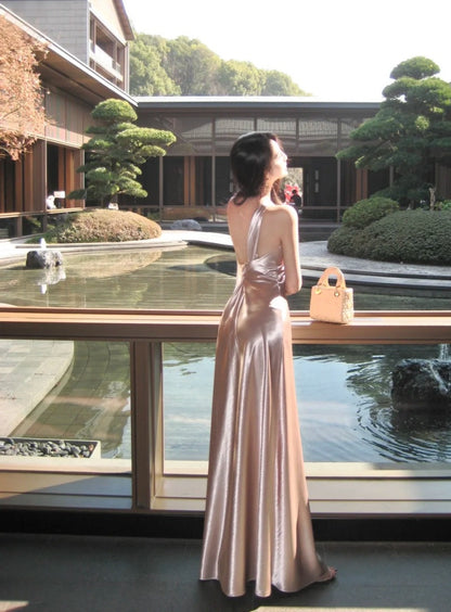 Sexy One-shoulder Champagne Pink  Long Prom Dress Satin Sheath Evening Dress Sleeveless Birthday Dress ED06683