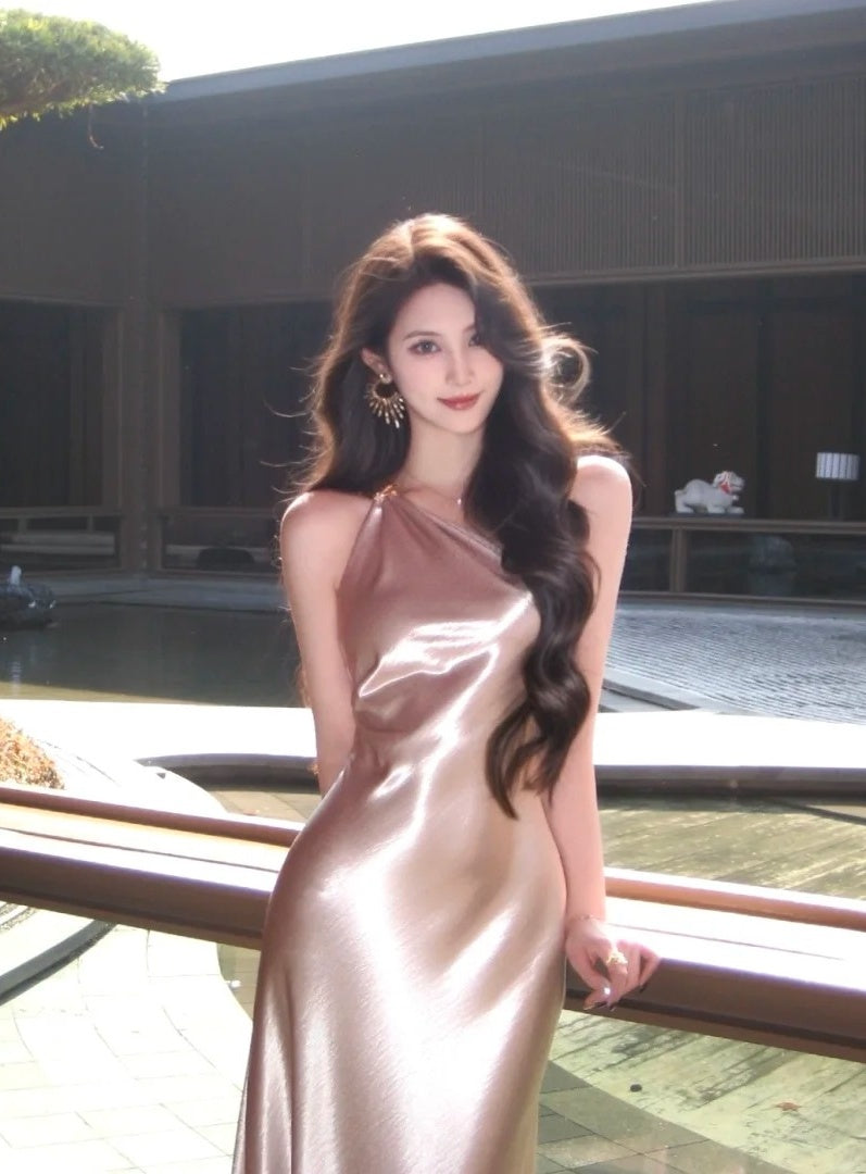 Sexy One-shoulder Champagne Pink  Long Prom Dress Satin Sheath Evening Dress Sleeveless Birthday Dress ED06683