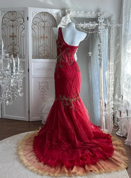Vintage One-shoulder Burgundy  Long Prom Dress Tulle Mermaid Evening Dress Sleeveless Birthday Dress ED06684