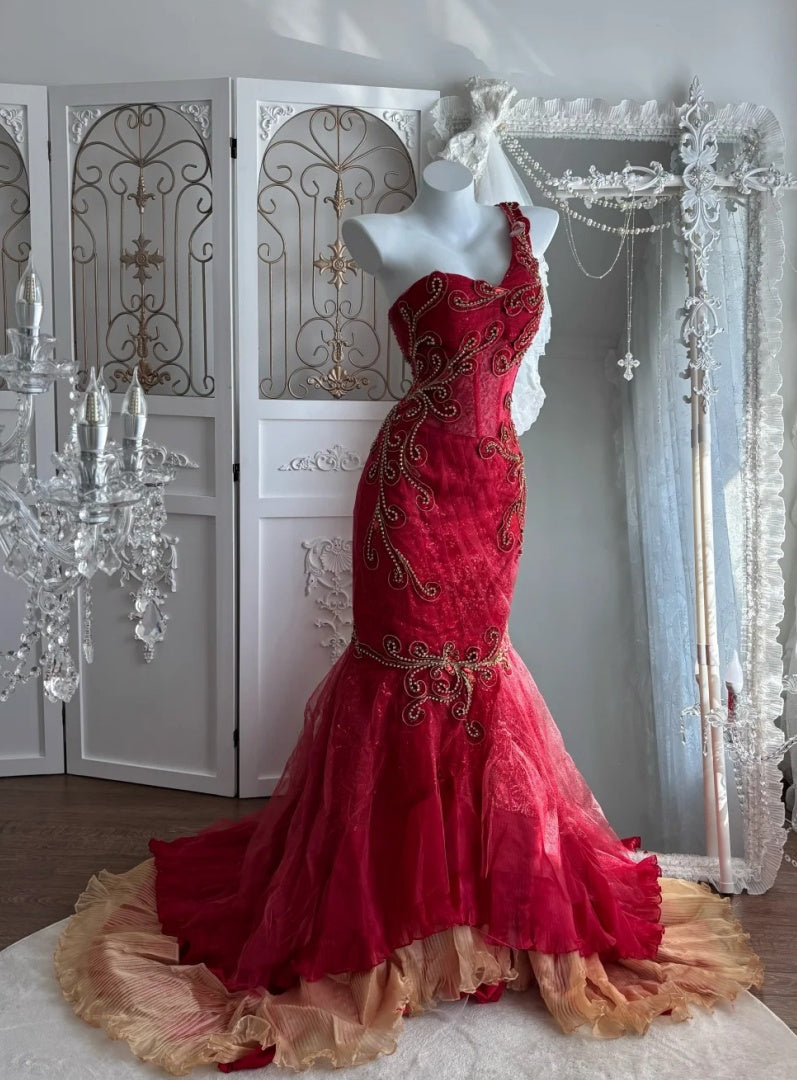 Vintage One-shoulder Burgundy  Long Prom Dress Tulle Mermaid Evening Dress Sleeveless Birthday Dress ED06684