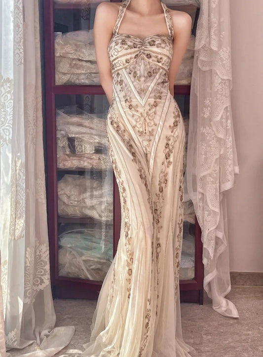 Vintage Halter Long Prom Dress Beaded Chiffon Sheath Evening Dress Sleeveless Birthday Dress ED06685