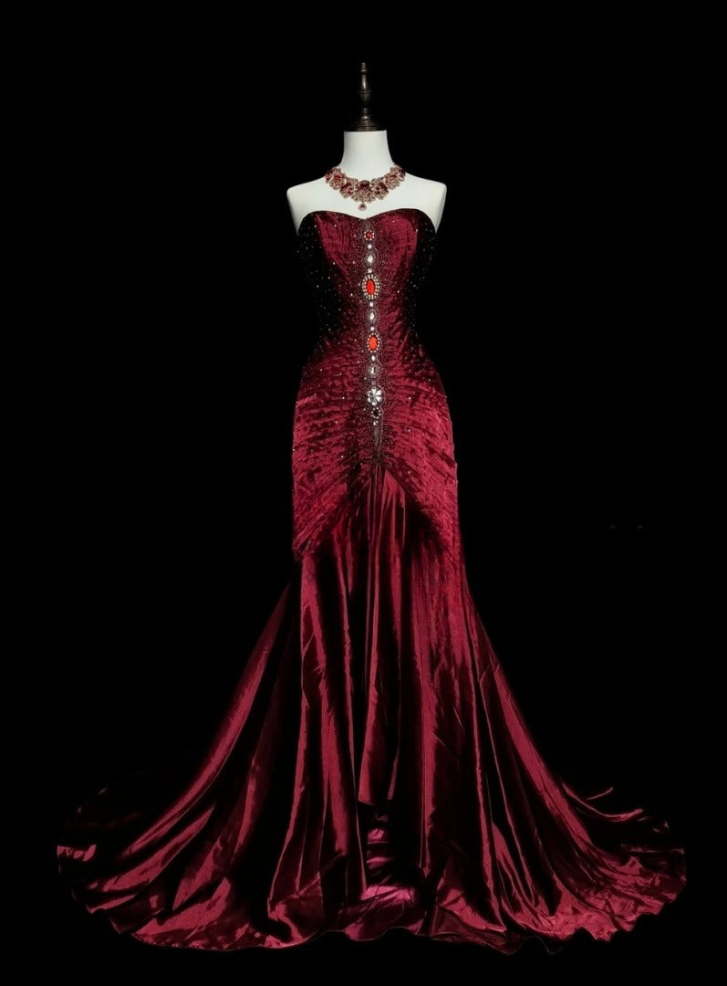 Vintage Strapless Burgundy Long Prom Dress Beaded Satin Sheath Evening Dress Sleeveless Birthday Dress ED06686