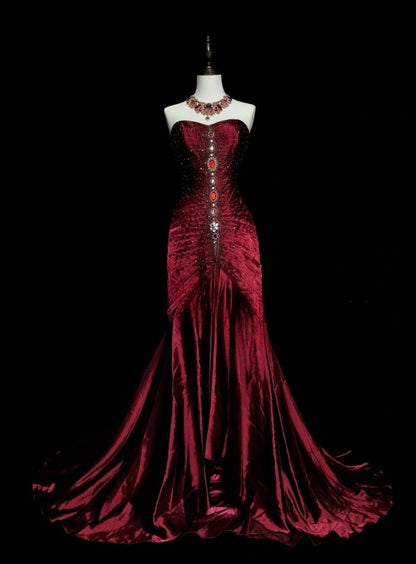 Vintage Strapless Burgundy Long Prom Dress Beaded Satin Sheath Evening Dress Sleeveless Birthday Dress ED06686
