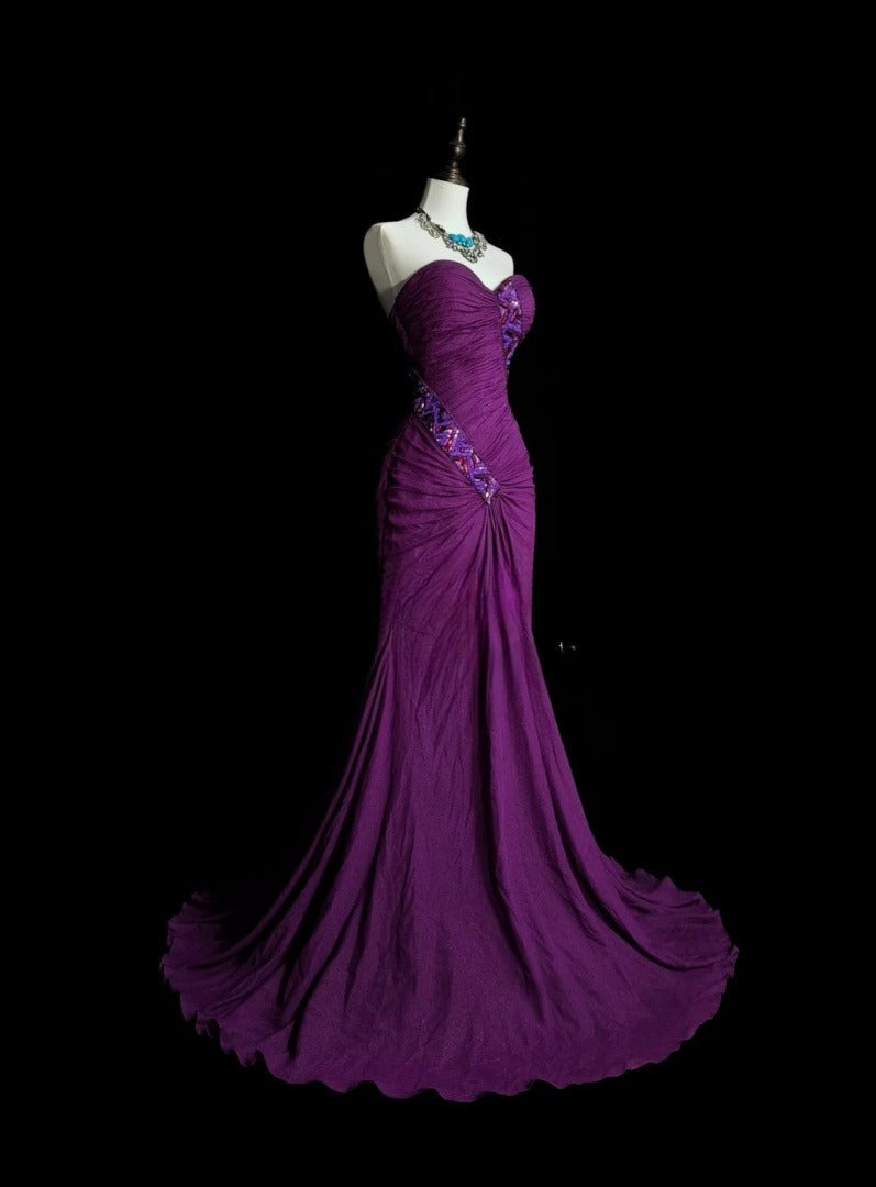 Elegant Sweetheart Purple Long Prom Dress Beaded Chiffon Sheath Evening Dress Sleeveless Birthday Dress ED06687