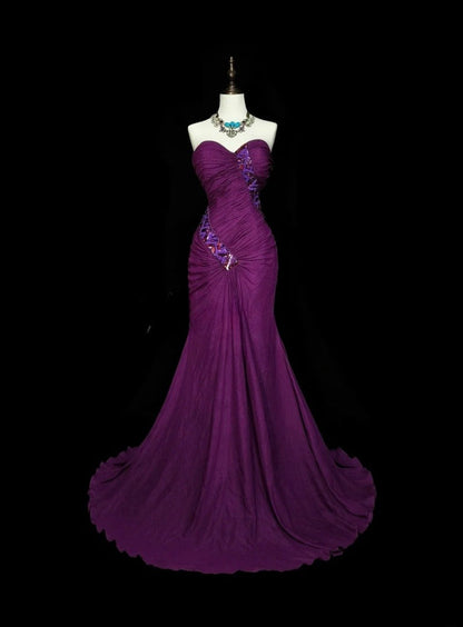 Elegant Sweetheart Purple Long Prom Dress Beaded Chiffon Sheath Evening Dress Sleeveless Birthday Dress ED06687