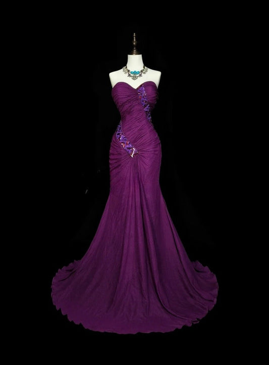 Elegant Sweetheart Purple Long Prom Dress Beaded Chiffon Sheath Evening Dress Sleeveless Birthday Dress ED06687
