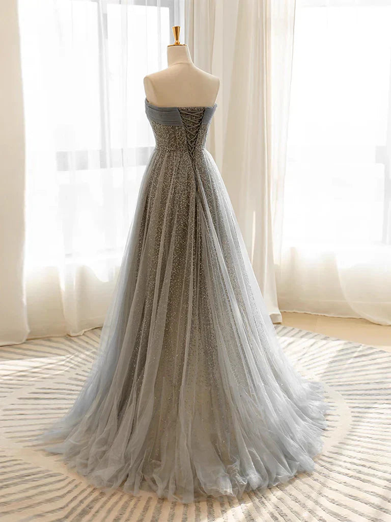 Tulle Sequin Long Prom Dress, Gray Tulle Long Evening Dress HZ1024