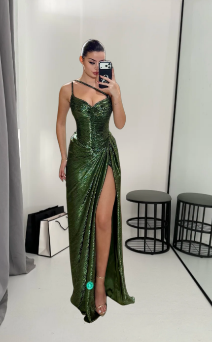 Sexy One-shoulder Green Long Prom Dress Satin Sheath Evening Dress Sleeveless Birthday Dress ED06691